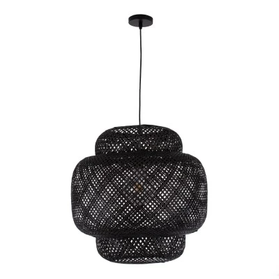 GloboStar® MALDIVES 00579 Boho Κρεμαστό Φωτιστικό Πλέγμα Μονόφωτο 1 x E27 IP20 Μαύρο Ξύλο - Μ56 x Π56 x Y54cm