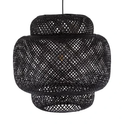 GloboStar® MALDIVES 00579 Boho Κρεμαστό Φωτιστικό Πλέγμα Μονόφωτο 1 x E27 IP20 Μαύρο Ξύλο - Μ56 x Π56 x Y54cm