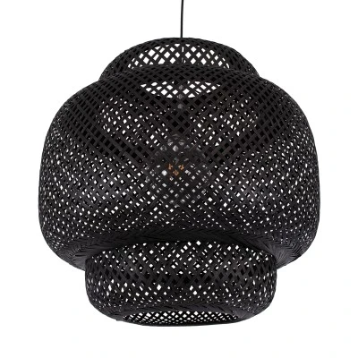 GloboStar® MALDIVES 00579 Boho Κρεμαστό Φωτιστικό Πλέγμα Μονόφωτο 1 x E27 IP20 Μαύρο Ξύλο - Μ56 x Π56 x Y54cm