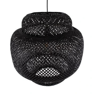 GloboStar® MALDIVES 00579 Boho Κρεμαστό Φωτιστικό Πλέγμα Μονόφωτο 1 x E27 IP20 Μαύρο Ξύλο - Μ56 x Π56 x Y54cm