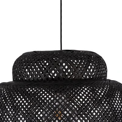 GloboStar® MALDIVES 00579 Boho Κρεμαστό Φωτιστικό Πλέγμα Μονόφωτο 1 x E27 IP20 Μαύρο Ξύλο - Μ56 x Π56 x Y54cm