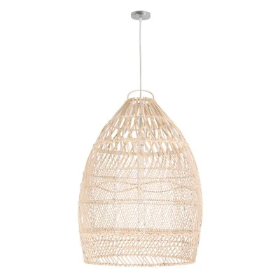 GloboStar® MALIBU 01810 Boho Κρεμαστό Φωτιστικό Καμπάνα Μονόφωτο 1 x E27 IP20 Μπεζ Ξύλο - Μ57 x Π57 x Υ75cm