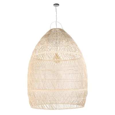 GloboStar® MALIBU 01813 Boho Κρεμαστό Φωτιστικό Καμπάνα Μονόφωτο 1 x E27 IP20 Μπεζ Ξύλο - Μ120 x Π120 x Υ156cm