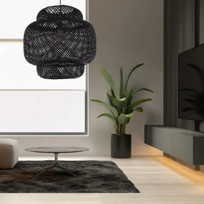 GloboStar® MALDIVES 00579 Boho Κρεμαστό Φωτιστικό Πλέγμα Μονόφωτο 1 x E27 IP20 Μαύρο Ξύλο - Μ56 x Π56 x Y54cm