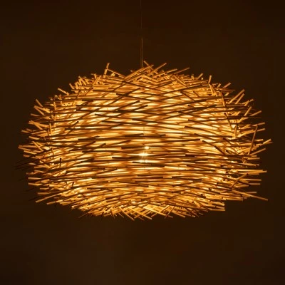 GloboStar® MINORCA 01731 Boho Κρεμαστό Φωτιστικό Ανάρτηση Μονόφωτο 1 x E27 IP20 Μπεζ Ξύλο - Μ60 x Π60 x Y35cm