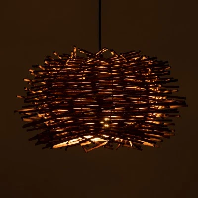 GloboStar® MINORCA 01732 Boho Κρεμαστό Φωτιστικό Ανάρτηση Μονόφωτο 1 x E27 IP20 Καφέ Ξύλο - Μ30 x Π30 x Y18cm