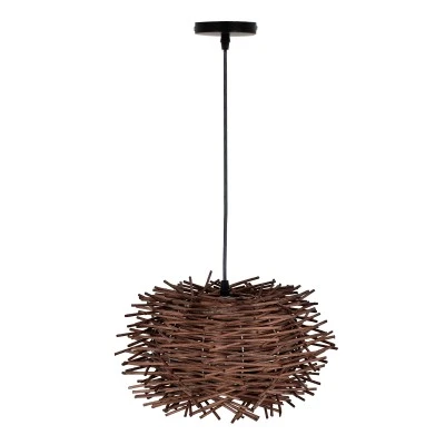 GloboStar® MINORCA 01732 Boho Κρεμαστό Φωτιστικό Ανάρτηση Μονόφωτο 1 x E27 IP20 Καφέ Ξύλο - Μ30 x Π30 x Y18cm