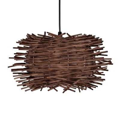 GloboStar® MINORCA 01732 Boho Κρεμαστό Φωτιστικό Ανάρτηση Μονόφωτο 1 x E27 IP20 Καφέ Ξύλο - Μ30 x Π30 x Y18cm