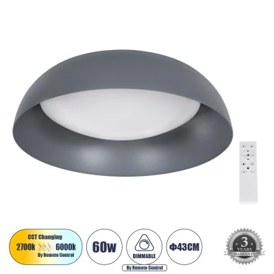 Πλαφονιέρα Οροφής LED ANATOLIA CCT 60W 6900lm 120° AC 220-240V - Εναλλαγή Φωτισμού μέσω Τηλεχειριστηρίου All In One- Γκρι Ανθρακί GloboStar® ANATOLIA 61262 Πλαφονιέρα Οροφής LED CCT 60W 6900lm 120° AC 220-240V - Εναλλαγή Φωτισμού μέσω Τηλεχειριστηρίου All In One Ψυχρό 6000k+Φυσικό 4500k+Θερμό 2700k Dimmable Φ43cm - Γκρι Ανθρακί - 3 Years Warranty