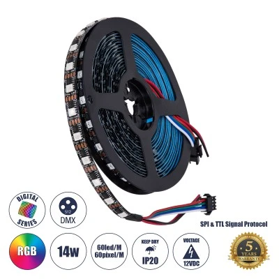 Ταινία LED ψηφιακή pixel DIGIPRO 14.4W/m μαύρη 864lm/m 120° DC 12V IP20 60xSMD5050 Chip/m 60xPixel/m πολύχρωμο φως RGB Dimmable Μ500xΠ1xΥ0.2cm σε ρολό 5 μέτρων
