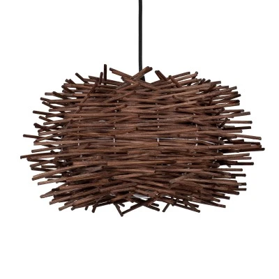 GloboStar® MINORCA 01732 Boho Κρεμαστό Φωτιστικό Ανάρτηση Μονόφωτο 1 x E27 IP20 Καφέ Ξύλο - Μ30 x Π30 x Y18cm