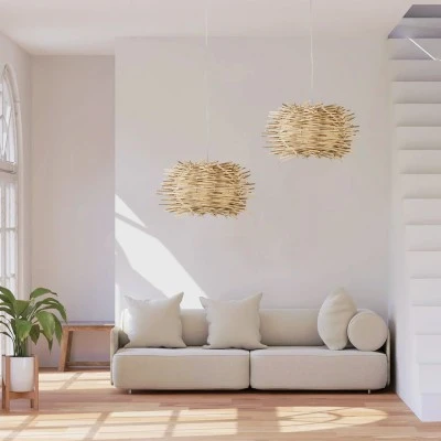Κρεμαστό φωτιστικό Boho MINORCA 1 x E27 AC 220-240V μπεζ με υφασμάτινο καπέλο φυσικού σχεδιασμού Μ35 x Π35 x Υ23