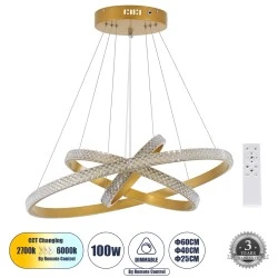 Κρεμαστό Φωτιστικό Δαχτυλίδι-Κύκλος LED DIAMOND TRIO CCT 100W 12123lm 360° AC 220-240V - Εναλλαγή Φωτισμού μέσω Τηλεχειριστηρίου All In One- Χρυσό Βούρτσας 