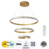 Κρεμαστό Φωτιστικό Δαχτυλίδι-Κύκλος LED DIAMOND TRIO CCT 100W 12123lm 360° AC 220-240V - Εναλλαγή Φωτισμού μέσω Τηλεχειριστηρίου All In One m - Χρυσό Βούρτσας 