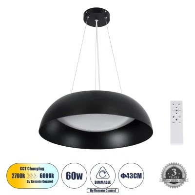 Κρεμαστή Πλαφονιέρα Οροφής LED CCT 60W 6900lm 120° AC 220-240V - Εναλλαγή Φωτισμού μέσω Τηλεχειριστηρίου All In One  Dimmable Φ43cm - Μαύρο