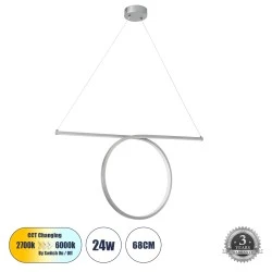 Κρεμαστό Φωτιστικό ROME Linear Design LED CCT 24W 2640lm 200° AC 220-240V - Εναλλαγή Φωτισμού μέσω Διακόπτη On/Off All In One - Μ65.5 x Π4 x Υ33cm - Ασημί Βούρτσας