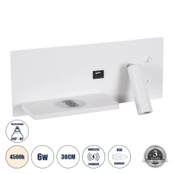 Μοντέρνα επιτοίχια απλίκα reading light kelvo® PALADIN με USB φορτιστή 3A & wireless φόρτιση LED 6W 720lm φυσικό λευκό 4500K λευκό ματ 30x11x12cm