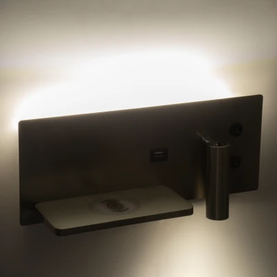 Μοντέρνα επιτοίχια απλίκα ανάγνωσης kelvo® PALADIN με LED 6W 720lm 4500K, φορτιστή USB 3A και wireless φόρτιση, νίκελ βούρτσας, 30x11x12cm