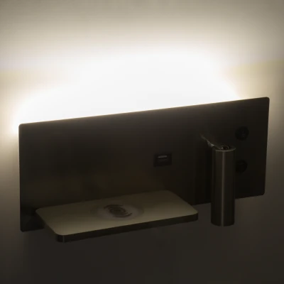 Μοντέρνα επιτοίχια απλίκα ανάγνωσης kelvo® PALADIN με LED 6W 720lm 4500K, φορτιστή USB 3A και wireless φόρτιση, νίκελ βούρτσας, 30x11x12cm