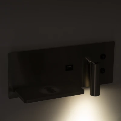 Μοντέρνα επιτοίχια απλίκα ανάγνωσης kelvo® PALADIN με LED 6W 720lm 4500K, φορτιστή USB 3A και wireless φόρτιση, νίκελ βούρτσας, 30x11x12cm