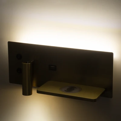 Μοντέρνα επιτοίχια απλίκα LED kelvo® PALADIN με φορτιστή USB 3A & ασύρματη φόρτιση 20W 6W 720lm φυσικό λευκό 4500K χρυσό βούρτσας 30x11x12cm