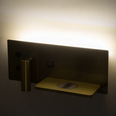 Μοντέρνα επιτοίχια απλίκα LED kelvo® PALADIN με φορτιστή USB 3A & ασύρματη φόρτιση 20W 6W 720lm φυσικό λευκό 4500K χρυσό βούρτσας 30x11x12cm