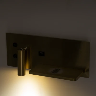 Μοντέρνα επιτοίχια απλίκα LED kelvo® PALADIN με φορτιστή USB 3A & ασύρματη φόρτιση 20W 6W 720lm φυσικό λευκό 4500K χρυσό βούρτσας 30x11x12cm