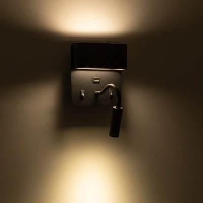 Μοντέρνα επιτοίχια απλίκα ανάγνωσης με USB φορτιστή kelvo® IBIS LED 10W 1100lm 4500K μαύρο ματ 10x6.1x18cm