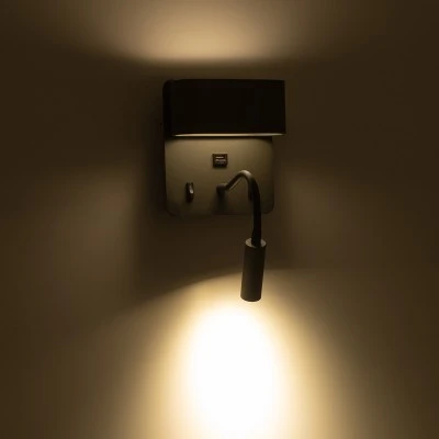 Μοντέρνα επιτοίχια απλίκα GLOBOSTAR® IBIS reading light LED 10W 1100lm 36° & 360° με φορτιστή USB φυσικό λευκό 4500K γκρι ανθρακί ματ 10x6.1x18cm