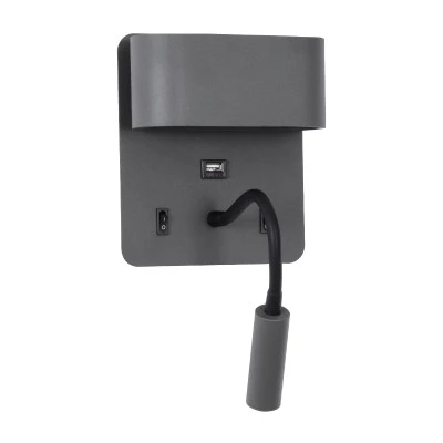 Μοντέρνα επιτοίχια απλίκα GLOBOSTAR® IBIS reading light LED 10W 1100lm 36° & 360° με φορτιστή USB φυσικό λευκό 4500K γκρι ανθρακί ματ 10x6.1x18cm