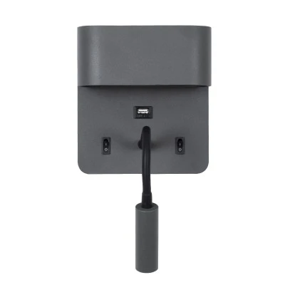 Μοντέρνα επιτοίχια απλίκα GLOBOSTAR® IBIS reading light LED 10W 1100lm 36° & 360° με φορτιστή USB φυσικό λευκό 4500K γκρι ανθρακί ματ 10x6.1x18cm
