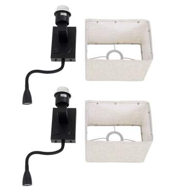 Μοντέρνο επιτοίχιο φωτιστικό kelvo® ROULETTE-S reading light με φορτιστή USB 3A και ντουί E27 LED 3W 360lm φυσικό λευκό 4500K μαύρο & μπεζ 17x20x37cm σετ 2 τεμαχίων