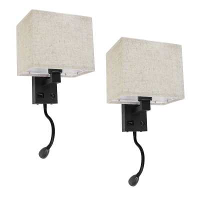 Μοντέρνο επιτοίχιο φωτιστικό kelvo® ROULETTE-S reading light με φορτιστή USB 3A και ντουί E27 LED 3W 360lm φυσικό λευκό 4500K μαύρο & μπεζ 17x20x37cm σετ 2 τεμαχίων