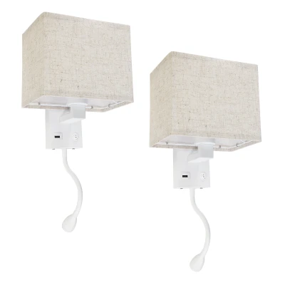 Μοντέρνο φωτιστικό τοίχου kelvo® ROULETTE-S απλίκα reading light με φορτιστή USB 3A και ντουί E27 LED 3W 360lm φυσικό λευκό 4500K λευκό & μπεζ 17x20x37cm σετ 2 τεμαχίων