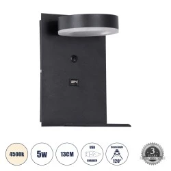 Επιτοίχια απλίκα ανάγνωσης με USB φορτιστή kelvo® CROWN LED 5W 550lm 4500K μαύρο ματ 15x15x23cm