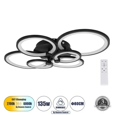 Φωτιστικό Οροφής Design LED ROYAL-R CCT 135W 16200lm 360° AC 220-240V - Εναλλαγή Φωτισμού μέσω Τηλεχειριστηρίου All In One - Μαύρο GloboStar® ROYAL-R 61323 Φωτιστικό Οροφής Design LED CCT 135W 16200lm 360° AC 220-240V - Εναλλαγή Φωτισμού μέσω Τηλεχειριστηρίου All In One Ψυχρό 6000k+Φυσικό 4500k+Θερμό 2700k Dimmable Μ80.5 x Π59 x Υ12cm - Μαύρο - 3 Years Warranty