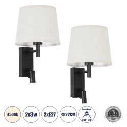 Μοντέρνα επιτοίχια απλίκα reading light kelvo® ROULETTE-R με φορτιστή USB 3A και ντουί E27 LED 3W 360lm φυσικό λευκό 4500K μαύρο & μπεζ 22x23.5x37cm σετ 2 τεμαχίων