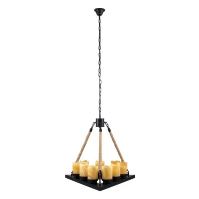 GloboStar® DOME 10001021 Vintage Κρεμαστό Φωτιστικό Ανάρτηση Πολύφωτο 9 x E27 Μαύρο Μέταλλο, Μπεζ Σχοινί με Μπεζ Όνυχα - Μ68 x Π60 x Υ50cm