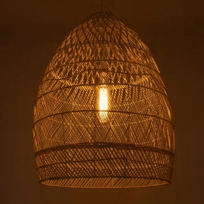 GloboStar® MALIBU 01811 Boho Κρεμαστό Φωτιστικό Καμπάνα Μονόφωτο 1 x E27 IP20 Μπεζ Ξύλο - Μ76 x Π76 x Υ100cm