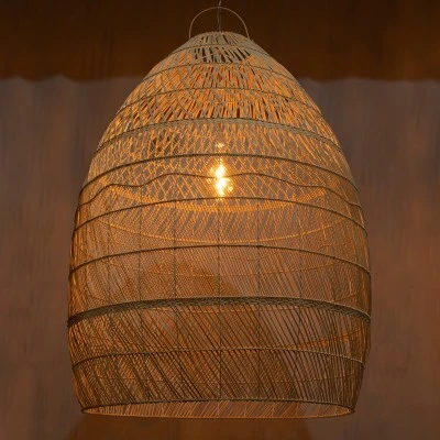 GloboStar® MALIBU 01813 Boho Κρεμαστό Φωτιστικό Καμπάνα Μονόφωτο 1 x E27 IP20 Μπεζ Ξύλο - Μ120 x Π120 x Υ156cm