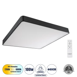 Μοντέρνο φωτιστικό οροφής KAMALA LED 100W 11020lm 120° AC 220-240V IP20 ρυθμιζόμενο λευκό CCT με χειριστήριο μαύρο ματ 80x80x8cm