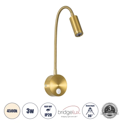 Επιτοίχια απλίκα reading light LED GLOBOSTAR® GOOSE 3W 300lm 36° AC 220-240V IP20 φυσικό λευκό 4500K CREE XPE chip σατινέ χρυσό βούρτσας 6.5x15x24.5cm Επιτοίχια απλίκα reading light LED GLOBOSTAR® GOOSE 3W 300lm 36° AC 220-240V IP20 φυσικό λευκό 4500K CREE XPE chip σατινέ χρυσό βούρτσας 6.5x15x24.5cm 60880