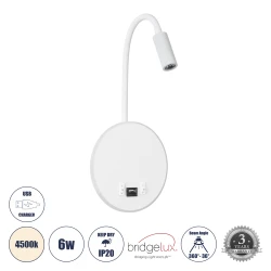 Μοντέρνα επιτοίχια απλίκα ανάγνωσης kelvo® GOOSE LED 6W 600lm 4500K με φορτιστή USB 3A λευκό ματ 15.5x15x30.5cm