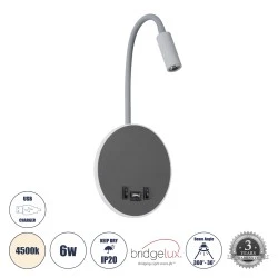 Επιτοίχια απλίκα reading light kelvo® GOOSE με φορτιστή USB 3A LED 6W 600lm φυσικό λευκό 4500K γκρι ανθρακί ματ 15.5x15x30.5cm