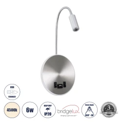 Επιτοίχια απλίκα ανάγνωσης kelvo® GOOSE LED 6W 600lm 36° & 360° με φορτιστή USB 3A φυσικό λευκό 4500K νίκελ βούρτσας 15.5x15x30.5cm