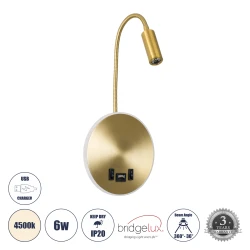 Επιτοίχια απλίκα ανάγνωσης με USB φορτιστή kelvo® GOOSE LED 6W 600lm 36° & 360° AC 220-240V IP20 φυσικό λευκό 4500K χρυσό 15.5x15x30.5cm