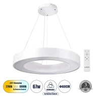 Κρεμαστό Φωτιστικό Δαχτυλίδι-Κύκλος RA LED CCT 67W 7370lm 120° AC 220-240V - Εναλλαγή Φωτισμού μέσω Τηλεχειριστηρίου All In One  Dimmable Φ60cm - Λευκό