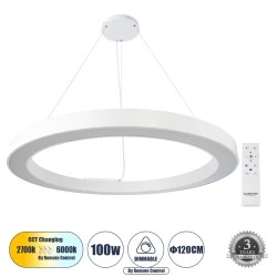 Κρεμαστό Φωτιστικό Δαχτυλίδι-Κύκλος RA LED CCT 100W 11020lm 120° AC 220-240V - Εναλλαγή Φωτισμού μέσω Τηλεχειριστηρίου All In One Dimmable Φ120cm - Λευκό