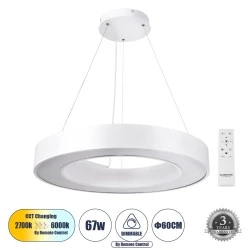 Κρεμαστό Φωτιστικό Δαχτυλίδι-Κύκλος RA LED CCT 67W 7370lm 120° AC 220-240V - Εναλλαγή Φωτισμού μέσω Τηλεχειριστηρίου All In One  Dimmable Φ60cm - Λευκό