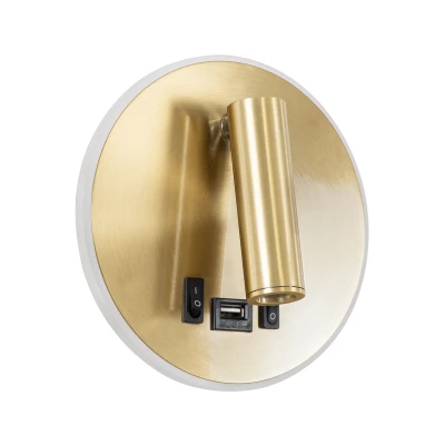 GloboStar® LADY-R 60940 Μοντέρνο Φωτιστικό Τοίχου - Απλίκα Ξενοδοχείου Bed Side LED 6W 600lm 36° & 360° AC 220-240V - Reading Light & 360° Κρυφός Φωτισμός - Φορτιστής USB 3A - Φ15 x Υ7cm - Φυσικό Λευκό 4500K - Χρυσό Βούρτσας